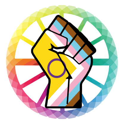 A stylized fist holding a ring, with a rainbow-colored background and a rainbow flag on the wrist.
