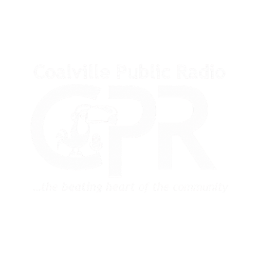 Logo for Coalville Public Radio featuring a turkey and a microphone, with the tagline "the beating heart of the community".