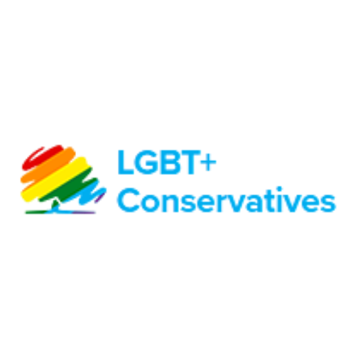 Logo with a rainbow-colored leaf and the text "LGBTQ+ Conservative" in blue.