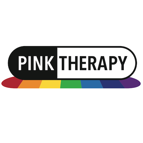 Logo for Pink Therapy with a black and white oval and a rainbow-colored paintbrush underneath