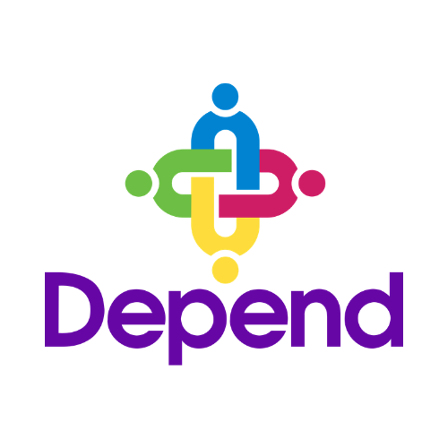 Colorful interconnected figures forming a connected loop above the word 'Depend' in purple text.
