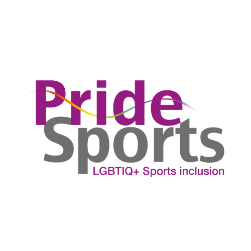 Logo for Pride Sports with rainbow-colored lines and the tagline "LGBTQ+ Sports inclusion" on a black background.