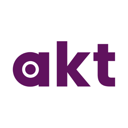 The word 'akt' in purple lowercase letters with an 'o' inside the 'a' and a stylized icon above it resembling a charging plug.