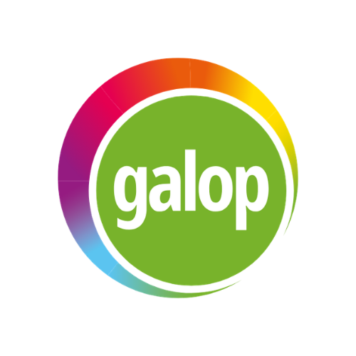 Galop logo with colorful circular design and green background.