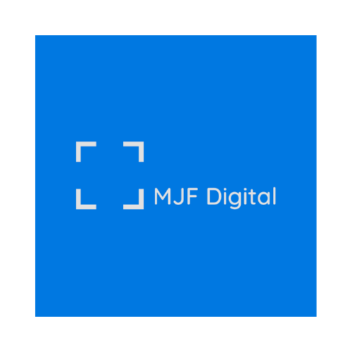 Blue square logo with a white camera focus icon and the text 'MJF Digital'