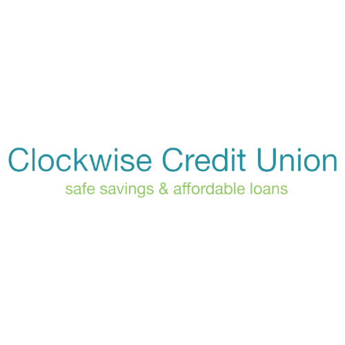 Logo of Clockwise Credit Union with blue and green text, promoting safe savings and affordable loans.