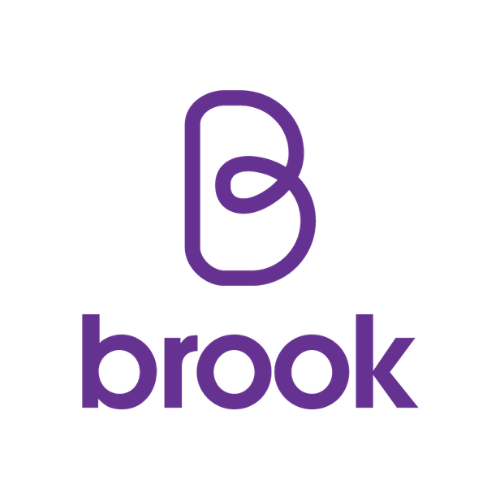 Logo with a stylized purple lowercase letter 'b' above the word 'brook' in purple lowercase letters.