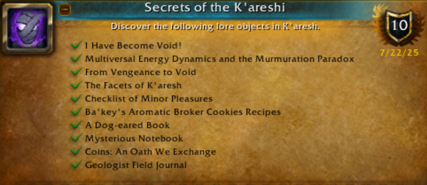 All lore objectives in 11.2 Karesh