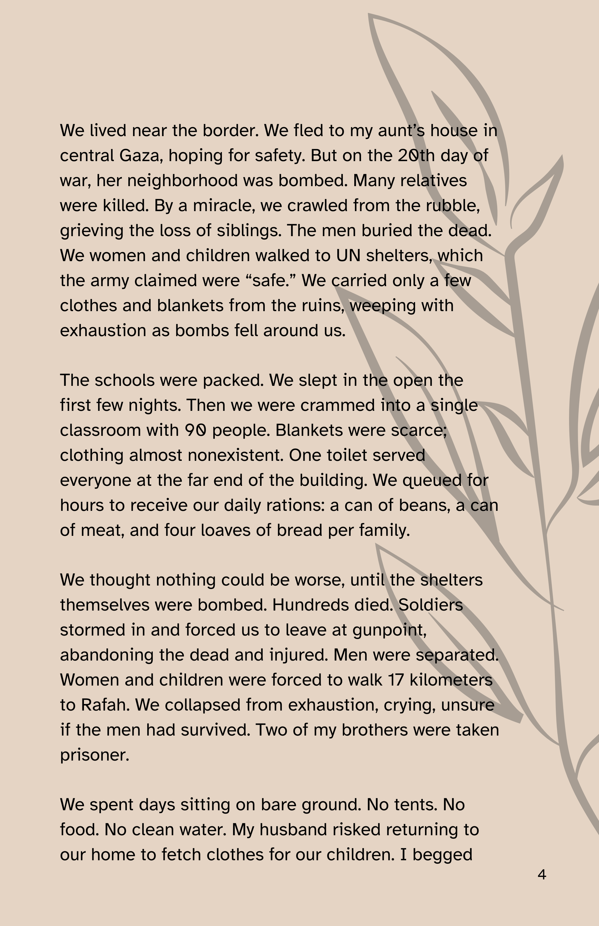 A printed story on a beige background with a simple leaf illustration. The story describes life near the Gaza border during war, including bombing, fleeing to UN shelters, cramped conditions, rationing, and losing loved ones.
