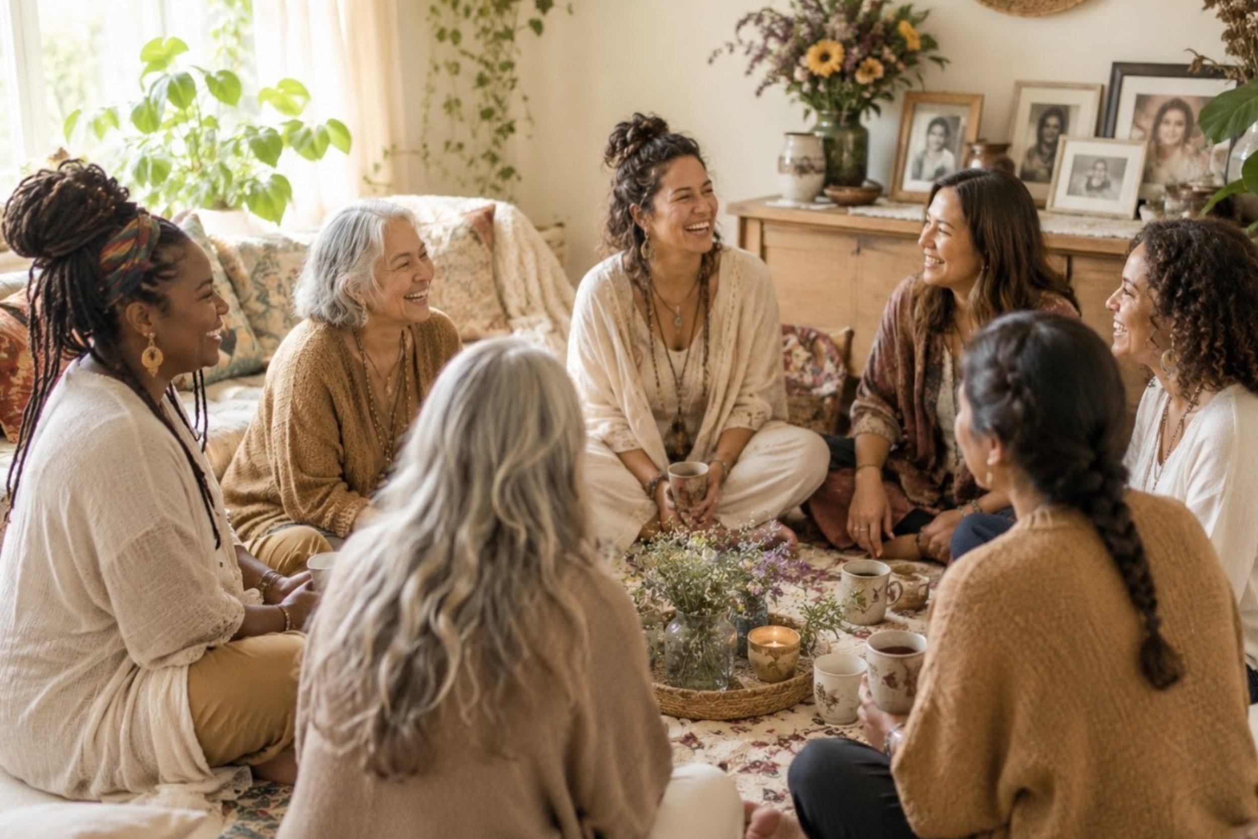 Women communing in a circle, over tea and a natural altar.