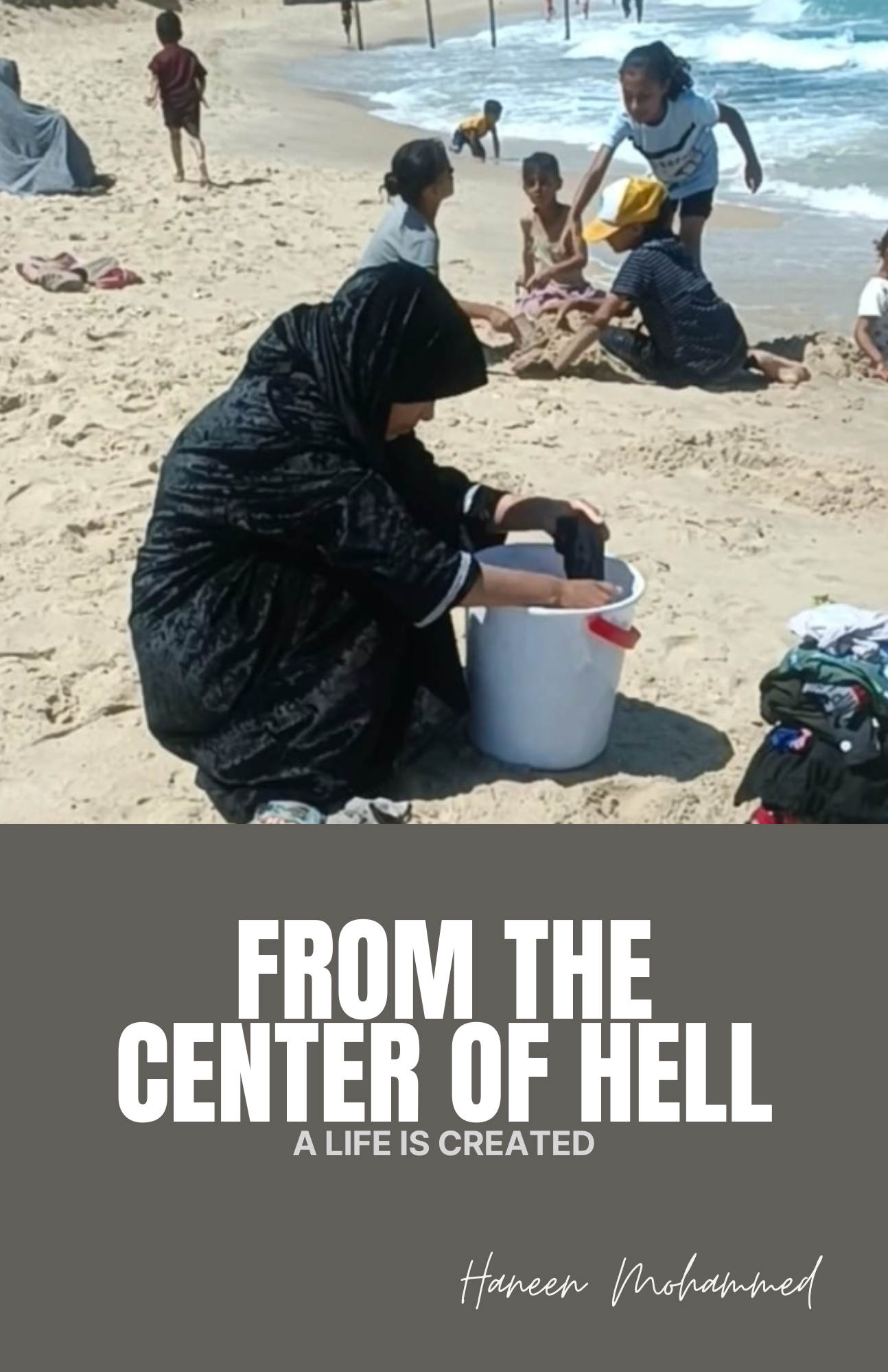 Woman in black hijab collecting shells in a bucket on a sandy beach with children and people playing near the water in the background.