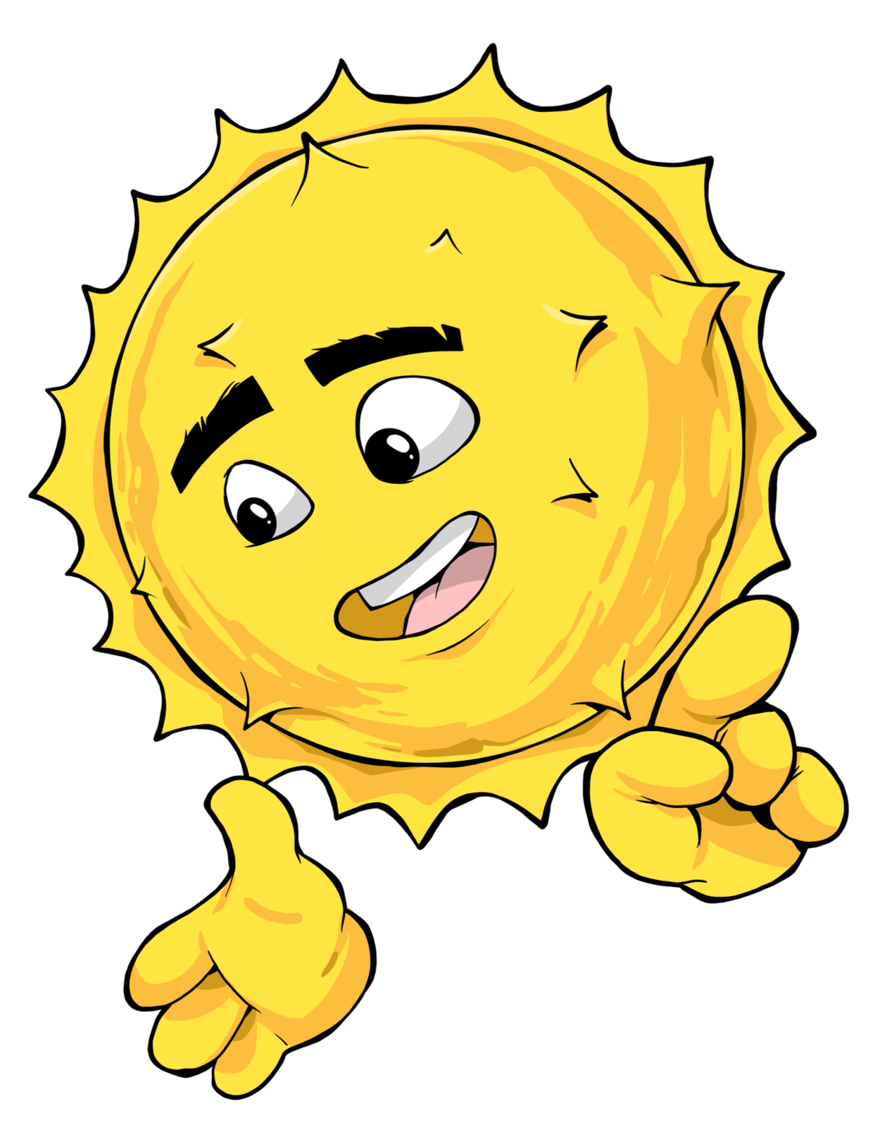 A cartoon sun with a face, expressive eyes, and a wide open smile, giving two thumbs up.