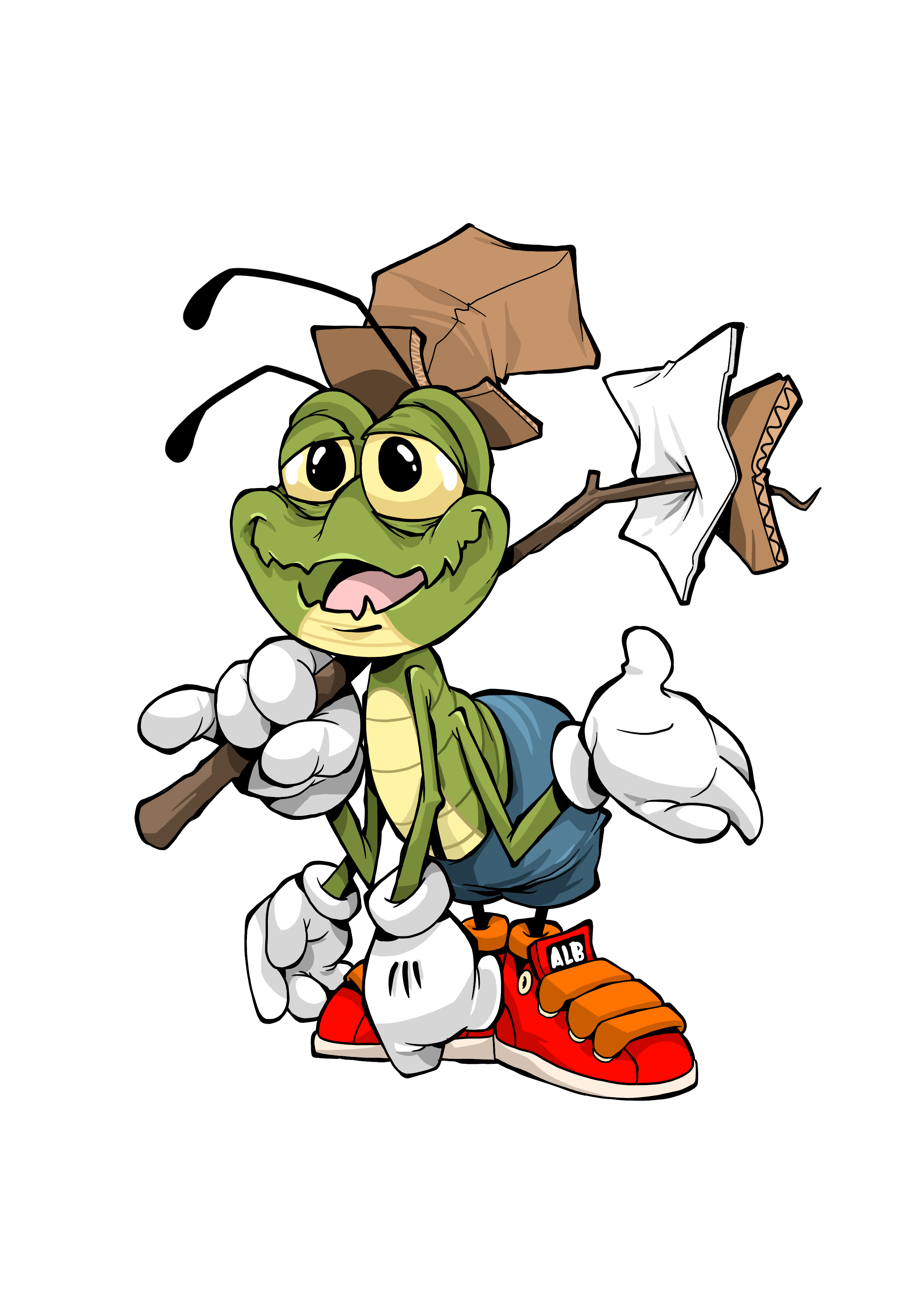 Cartoon bug with big eyes and a wide smile, wearing red sneakers and blue shorts, holding a stick with paper and cardboard attached, against a black background.