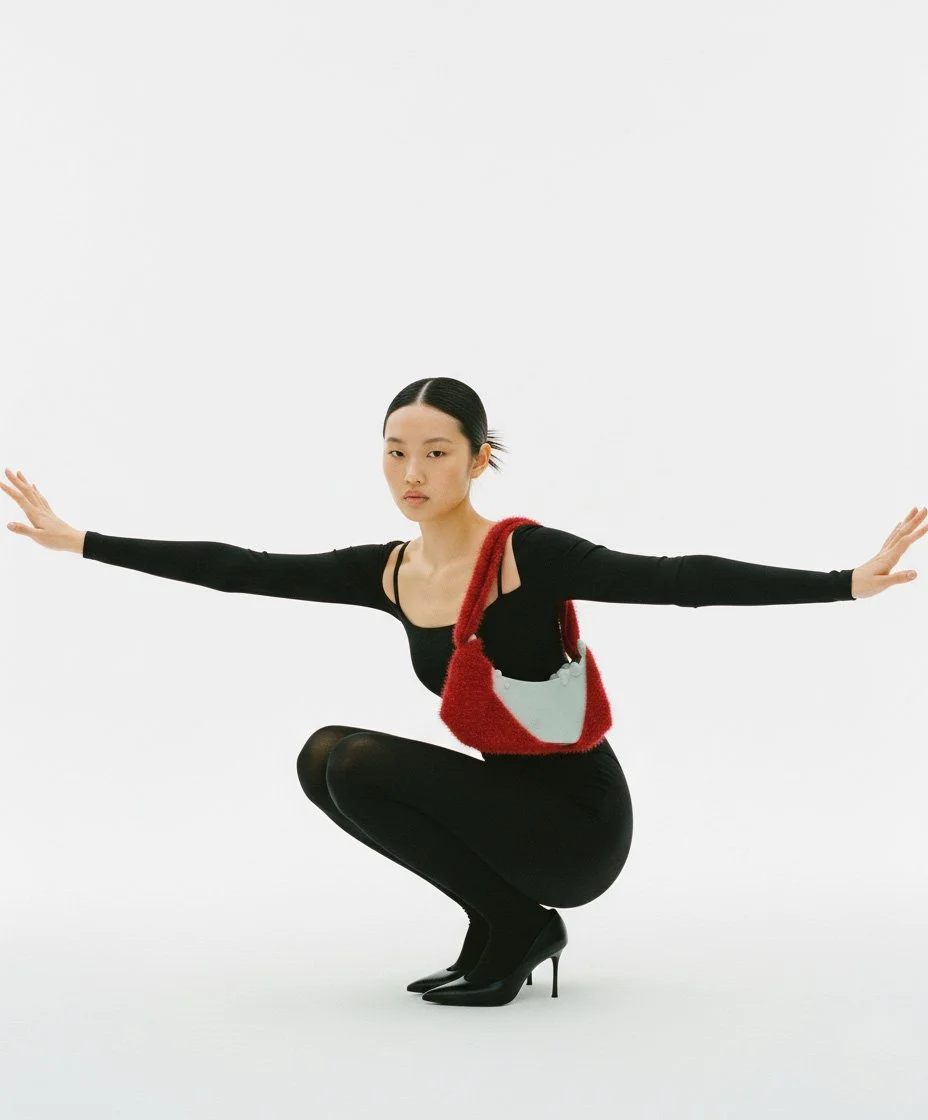 The Boat Bag is a 3D printed purse, the fabric for the handle is knitted together by Singapore knitwear designer Bryan Yeo using deadstock materials. Image created with GenAI.