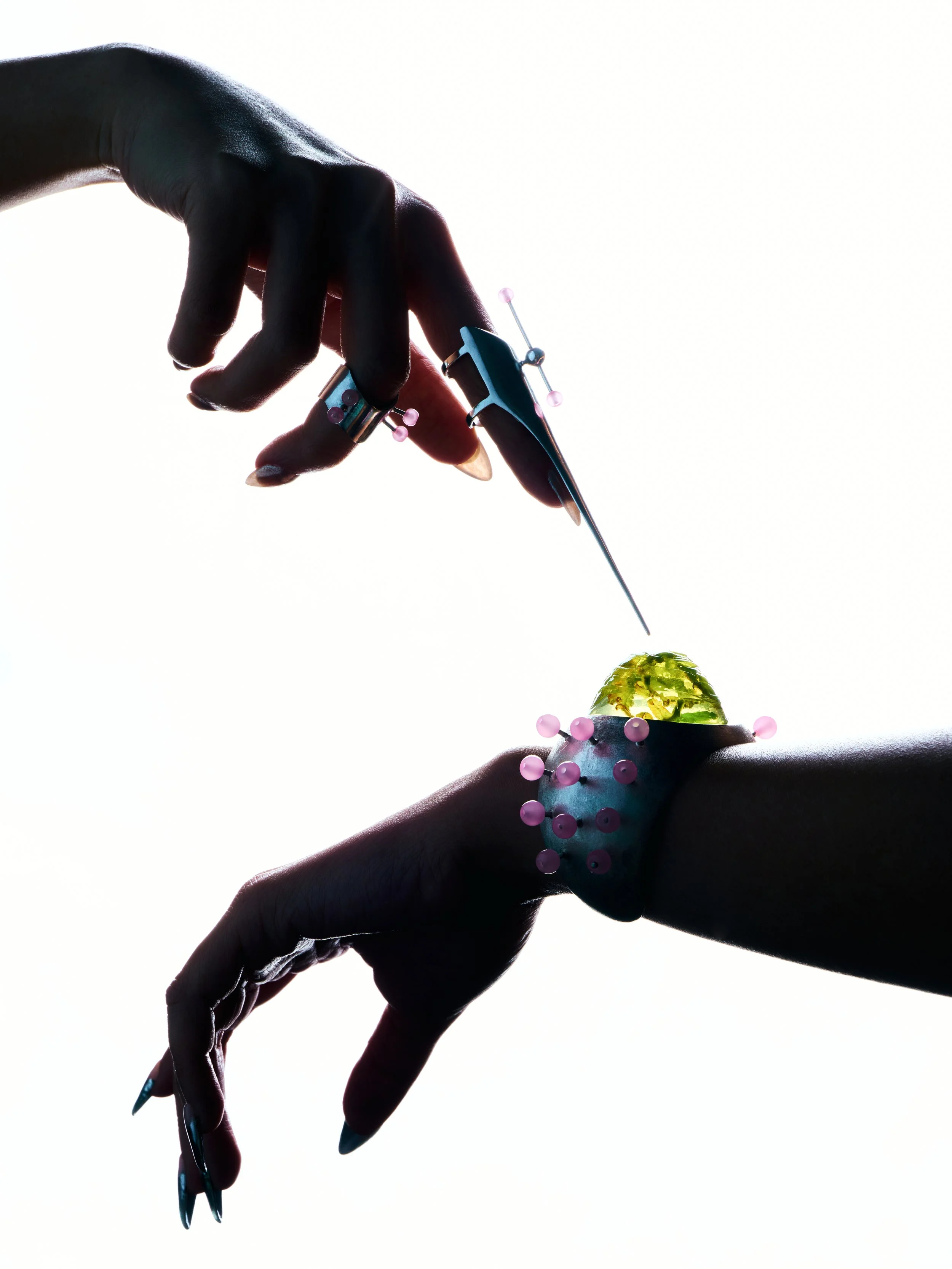 Bianca Carague, Technospoonism, 2026, 925 sterling silver and glass, varied dimensions. Photo by Renzo Navarro. Image courtesy of Bianca Carague.