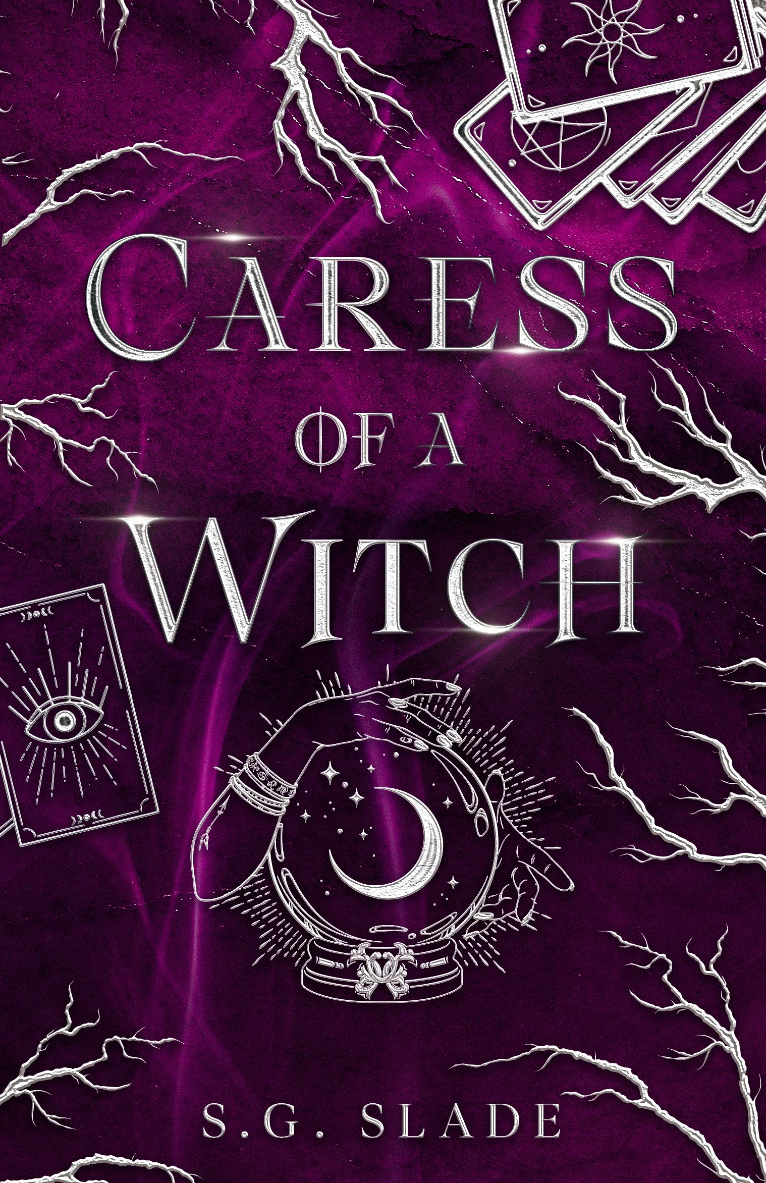 Book cover titled "Careness of a Witch" by S.G. Slade, featuring mystical and witchcraft-themed illustrations on a purple background, including tarot cards, lightning, a crystal ball, and celestial symbols.