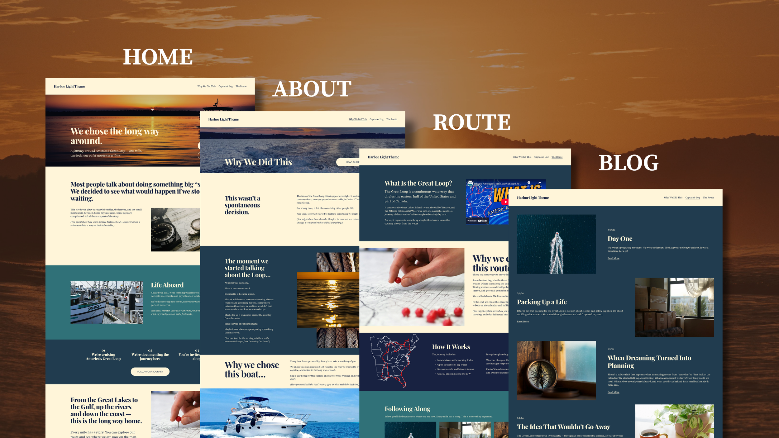 A collage of website pages with a coastal theme, displaying navigation options like HOME, ABOUT, ROUTE, BLOG, and featuring images of boats, water, and travel content with warm sunset tones in the background.