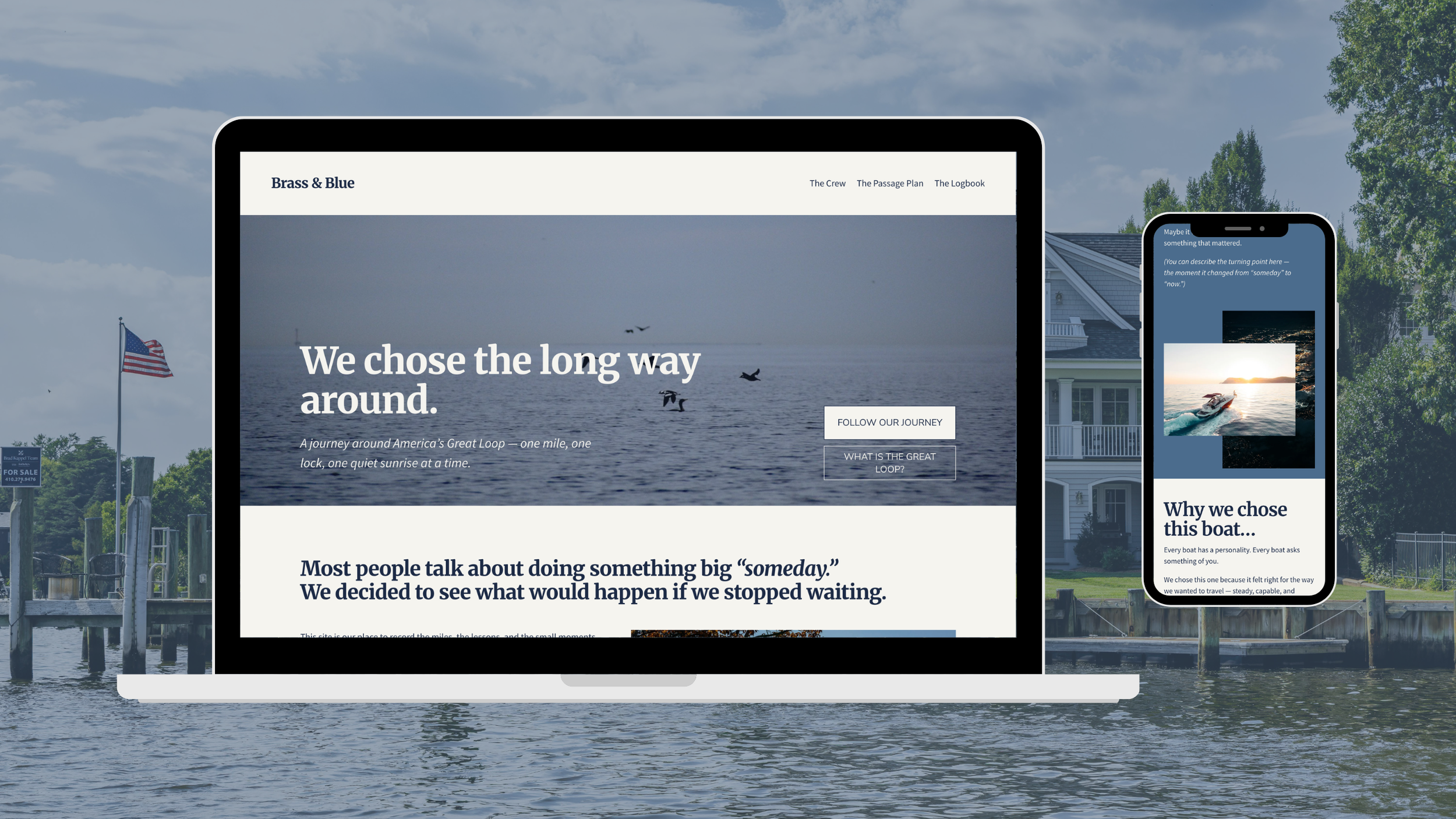 A laptop and smartphone display with a website about boating and travel, set against a water and dock background with an American flag and trees.