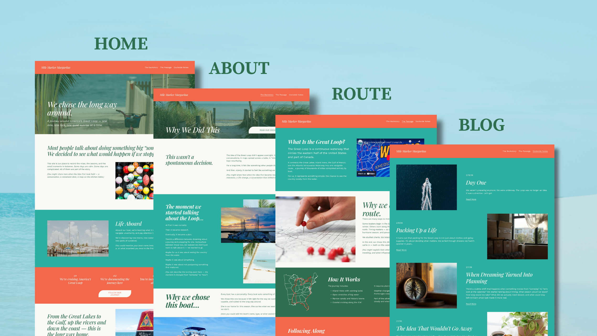 Screenshot of a travel blog website with multiple pages open, featuring headers like 'HOME,' 'ABOUT,' 'ROUTE,' and 'BLOG,' with images of boats, beaches, and travel scenes on a light blue background.