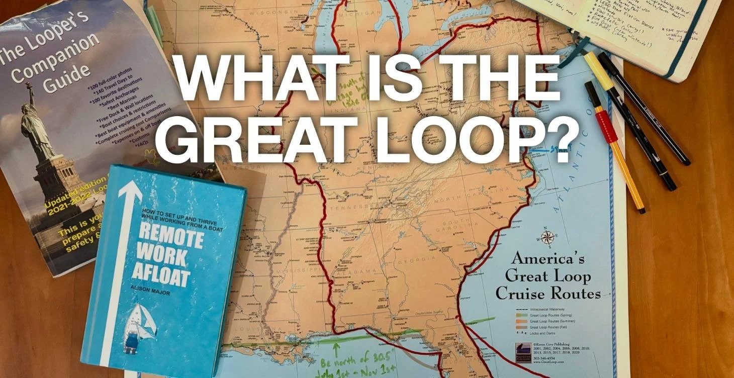 A map of the southeastern United States showing the Great Loop cruise route with various lines indicating different route segments, surrounded by travel guides and pens, with the text 'What is the Great Loop?' overlaid.