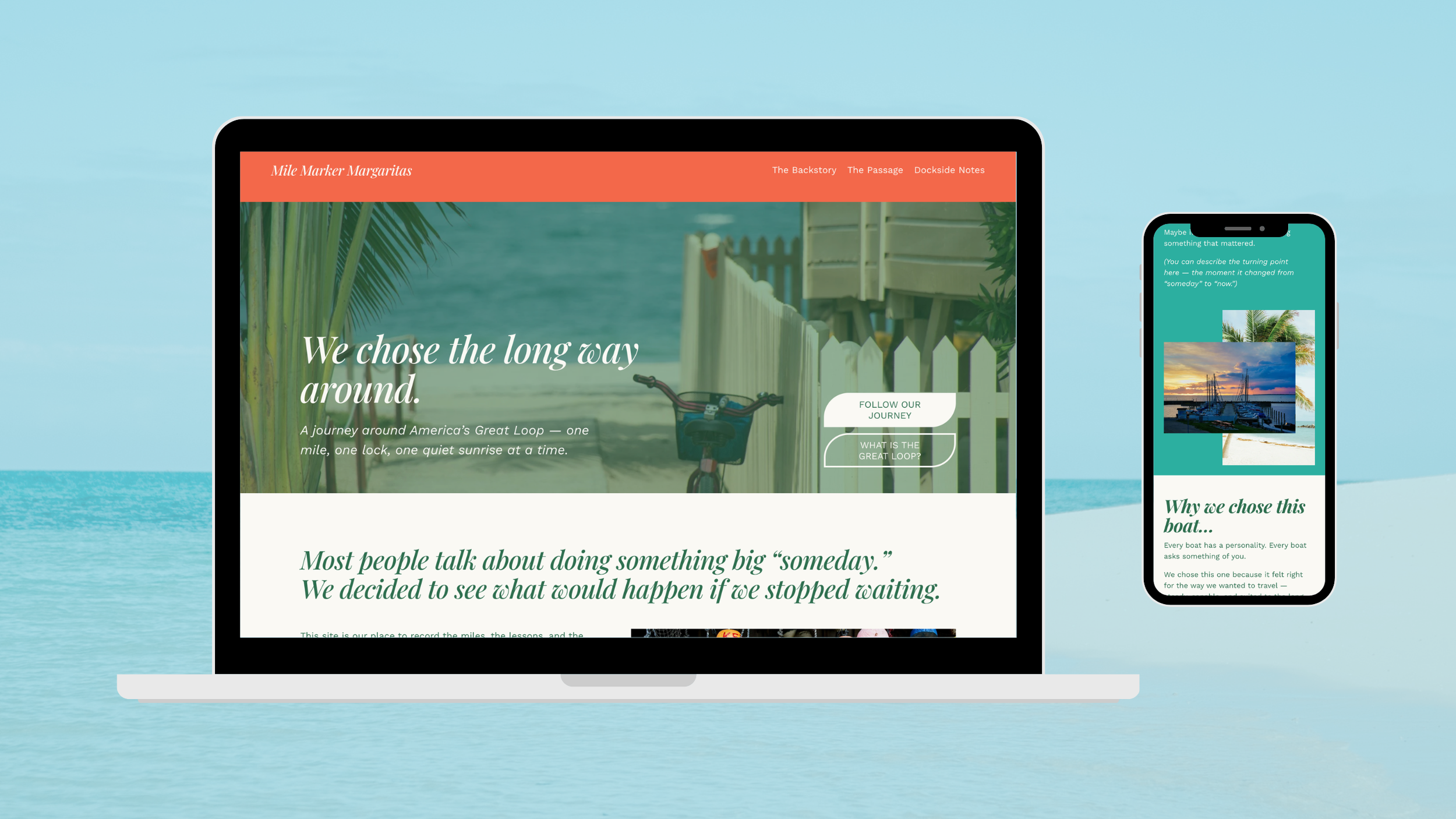 Laptop and smartphone displaying a website about a journey around America's Great Loop, with images of beaches, boats, and nature, set against a background of the ocean.