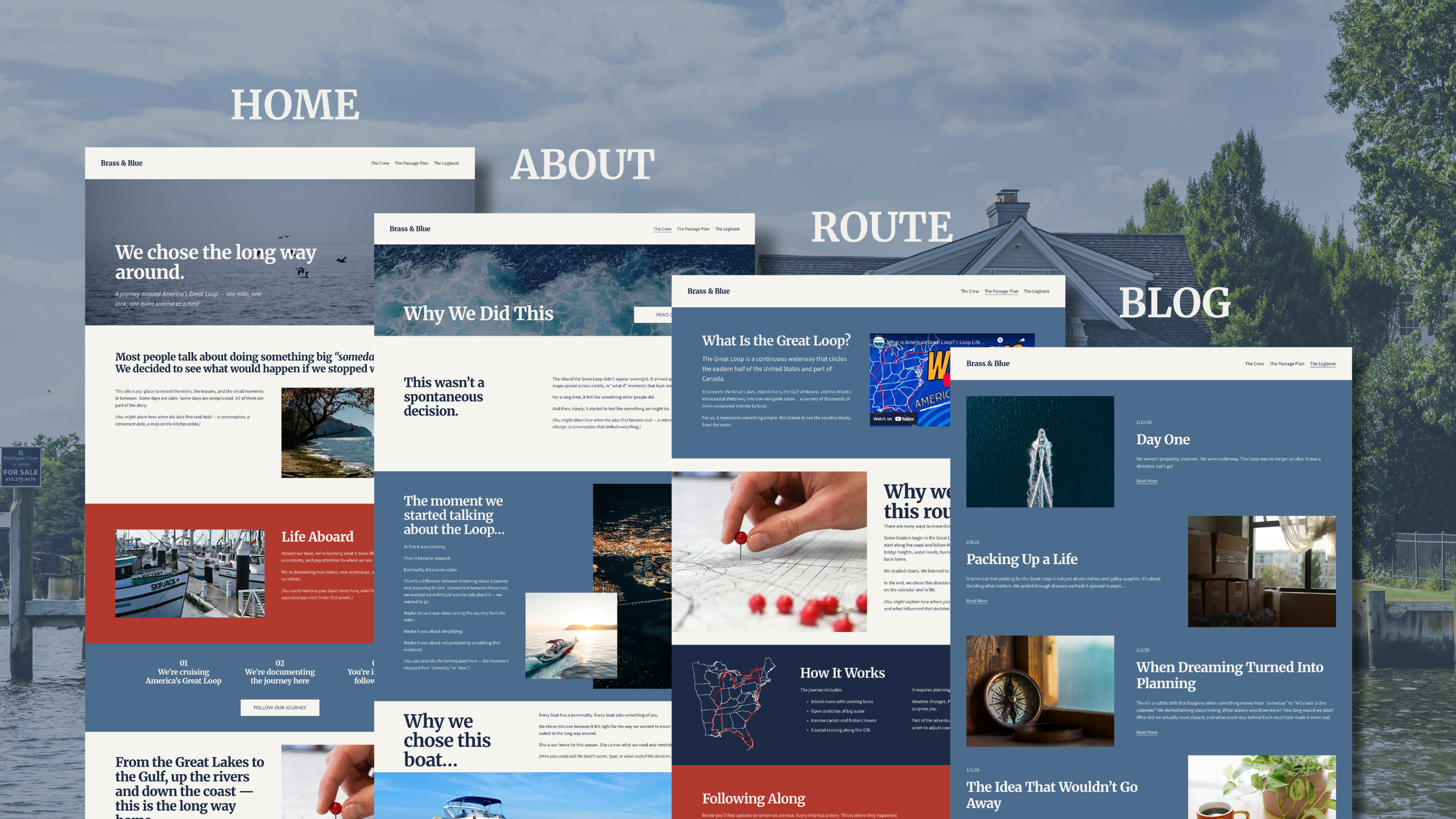 Collage of four webpage screenshots titled 'Home', 'About', 'Route', and 'Blog' over a lakeside background with trees, water, and a cloudy sky.