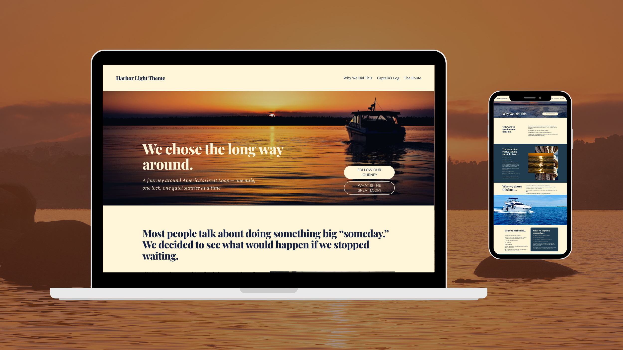 Laptop and smartphone screens displaying a website about a boat journey at sunset, with a background of a sunset over water.