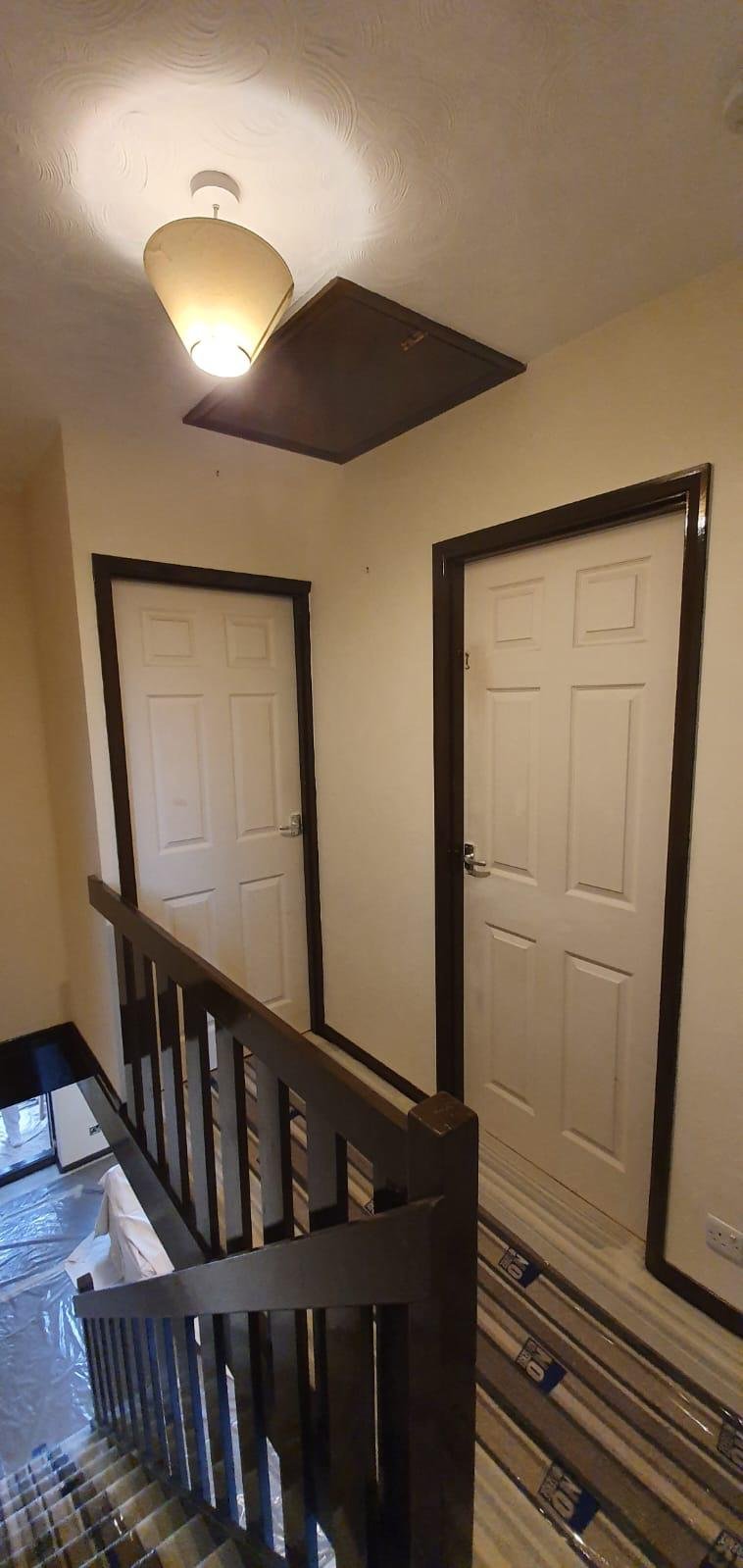 Interior hallway with two white doors, dark trim, overhead light, and stairway with carpet covering.