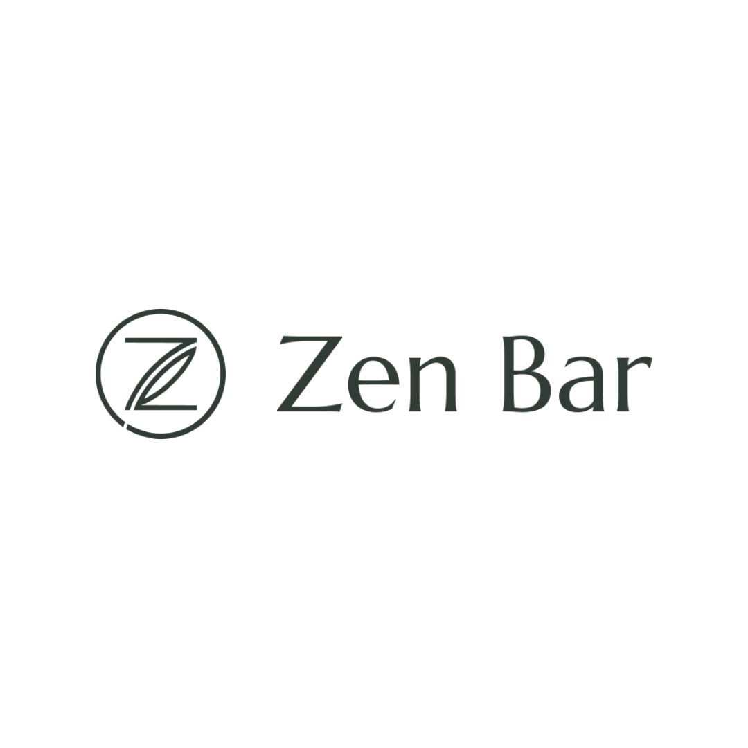 Logo Zen Bar avec un cercle contenant un symbole de feuille stylisé et le texte 'Zen Bar' à droite.