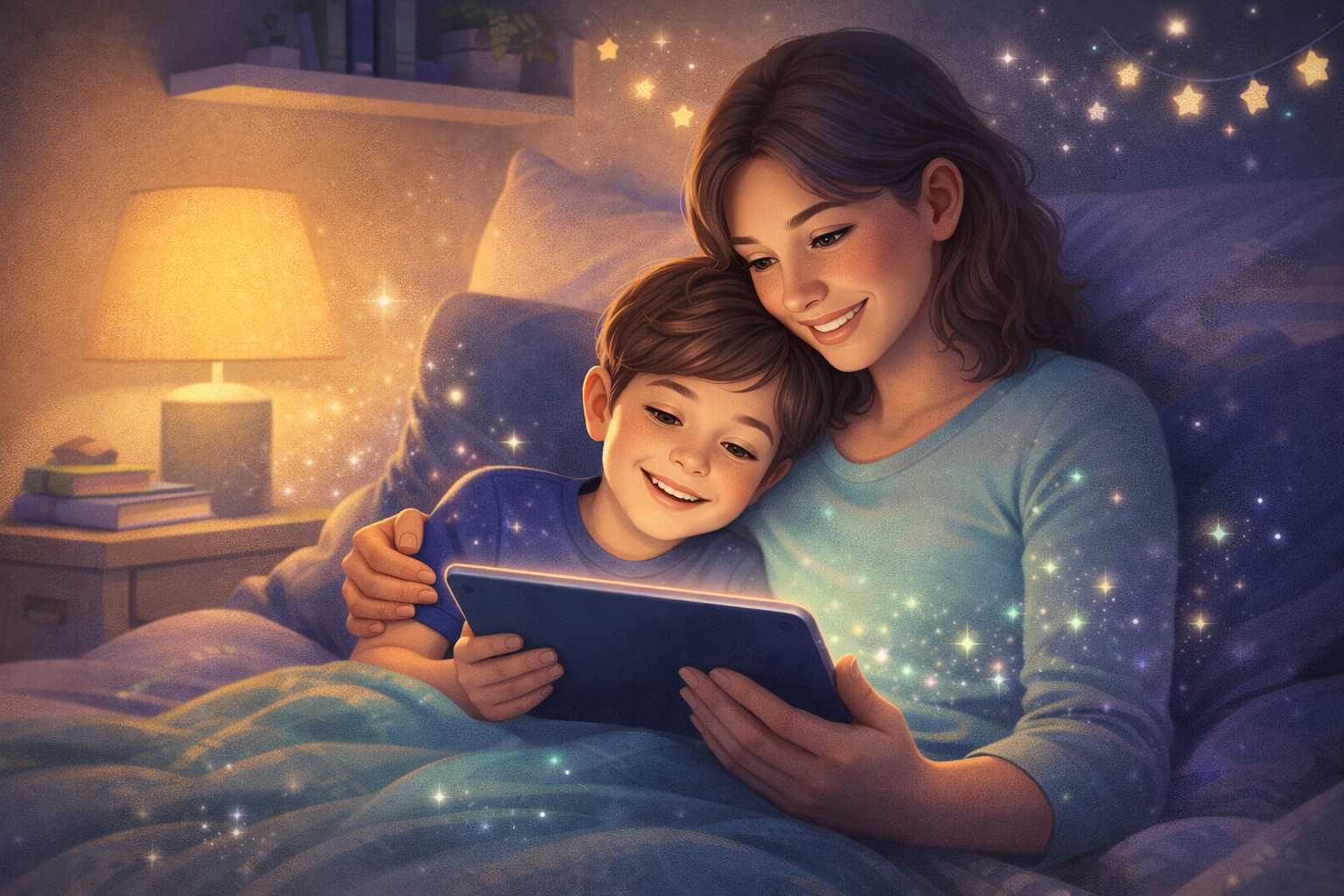 A cozy bedtime scene of parent and child reading together—making storytelling the best part of the day.
