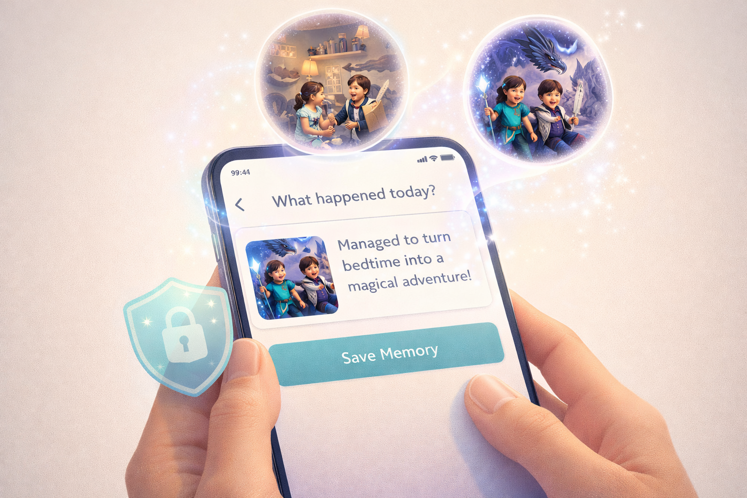 A parent captures a child’s daily moment in a clean, secure app—turning real life into personalized stories.