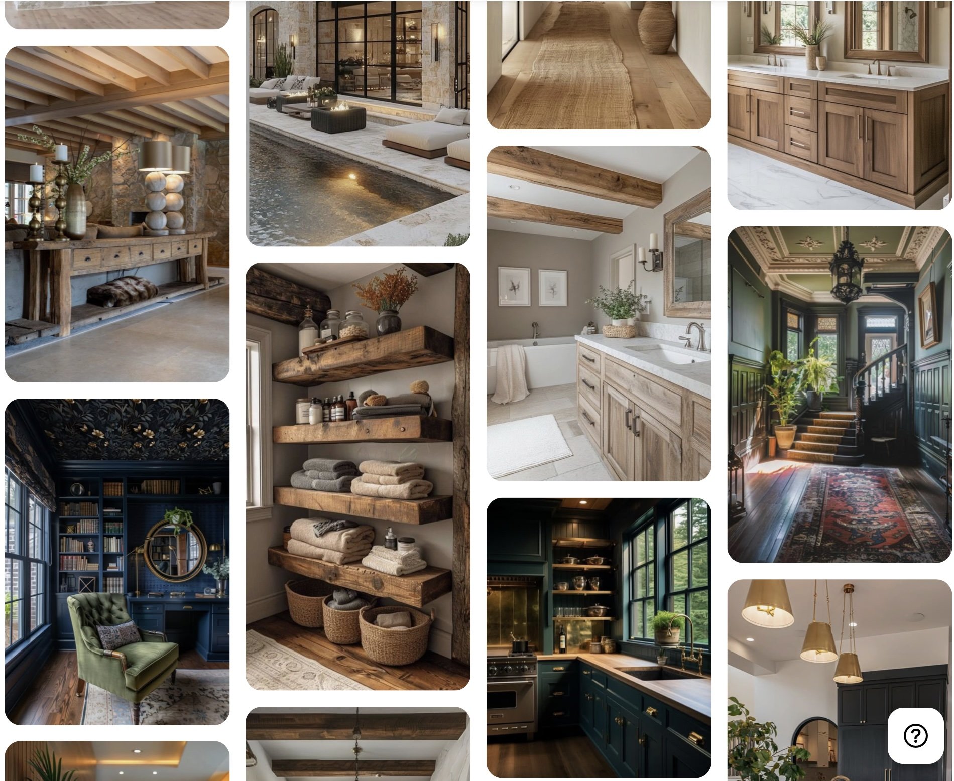 Pinterest-style collage of warm modern interiors featuring natural textures, rustic beams, and layered spaces.