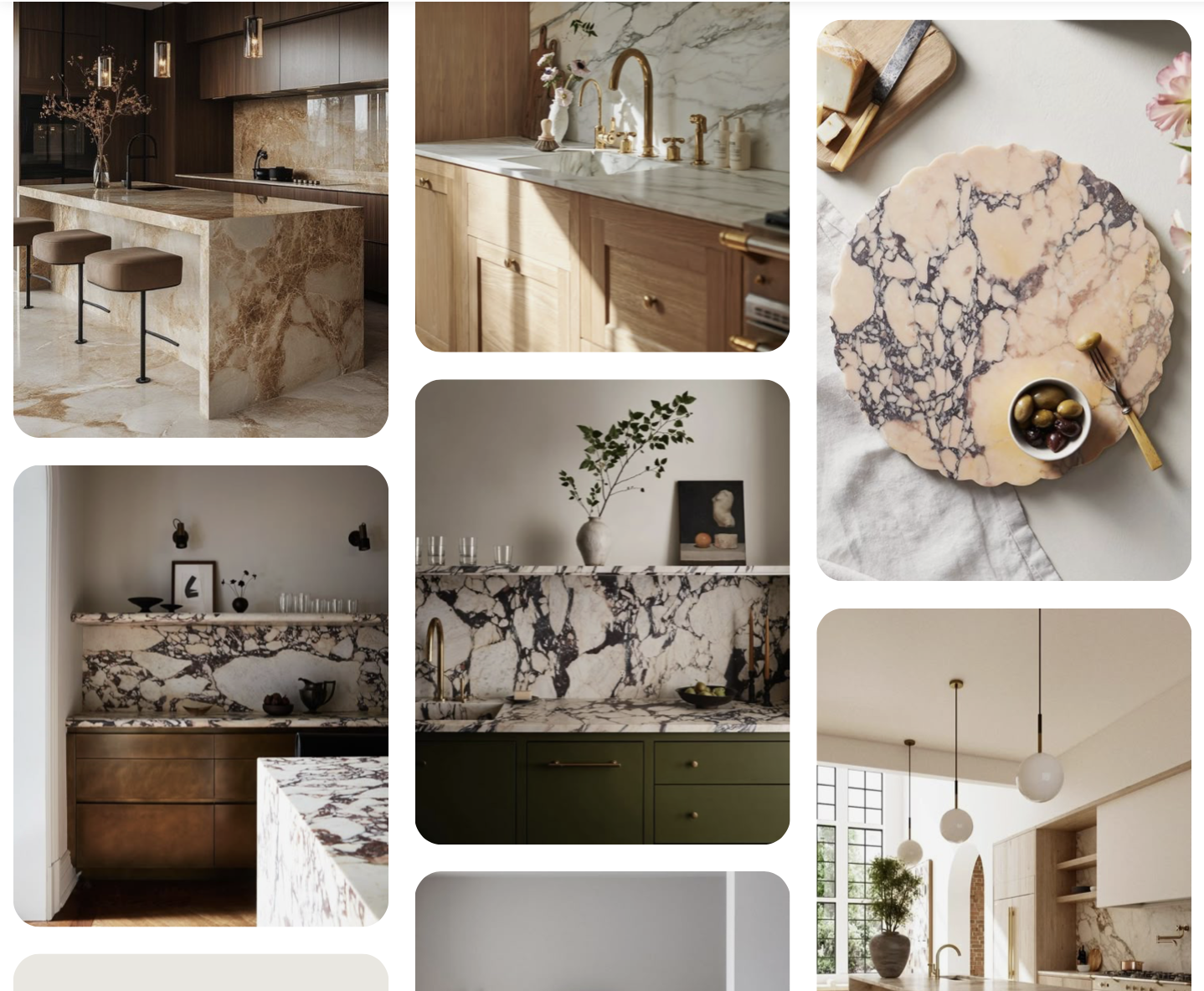 Luxury kitchen inspiration collage with stone waterfall island, slab backsplash ideas, and brass fixture details.