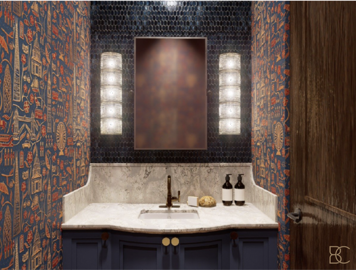 Moody powder room with navy vanity, marble countertop, brass faucet, and patterned wallpaper walls.