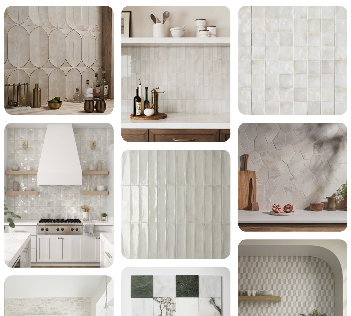 Tile inspiration collage featuring light zellige tile, patterned tile shapes, and kitchen backsplash vignettes.