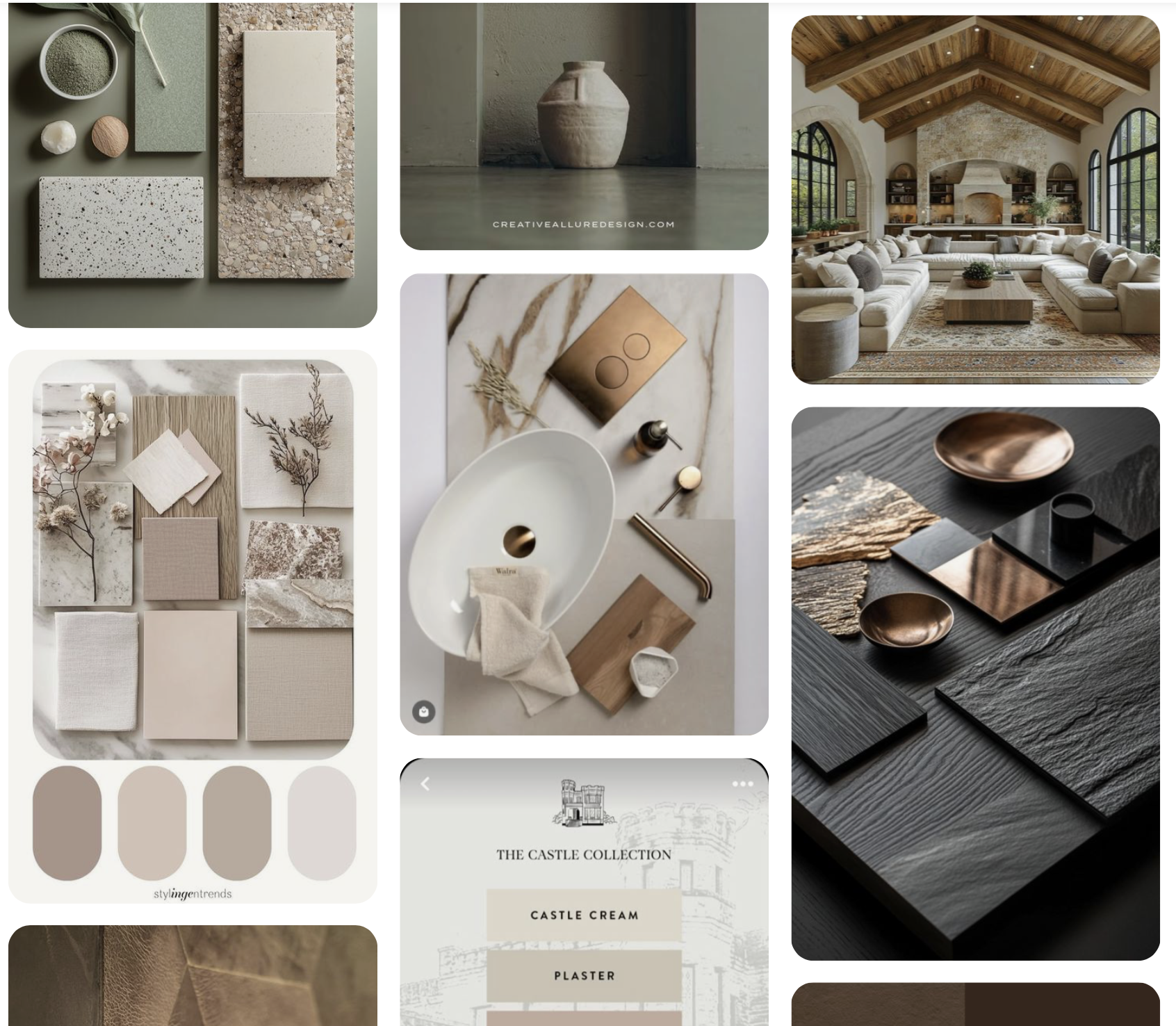 Materials mood board with neutral stone samples, plumbing fixture flat lay, and warm modern interior inspiration.