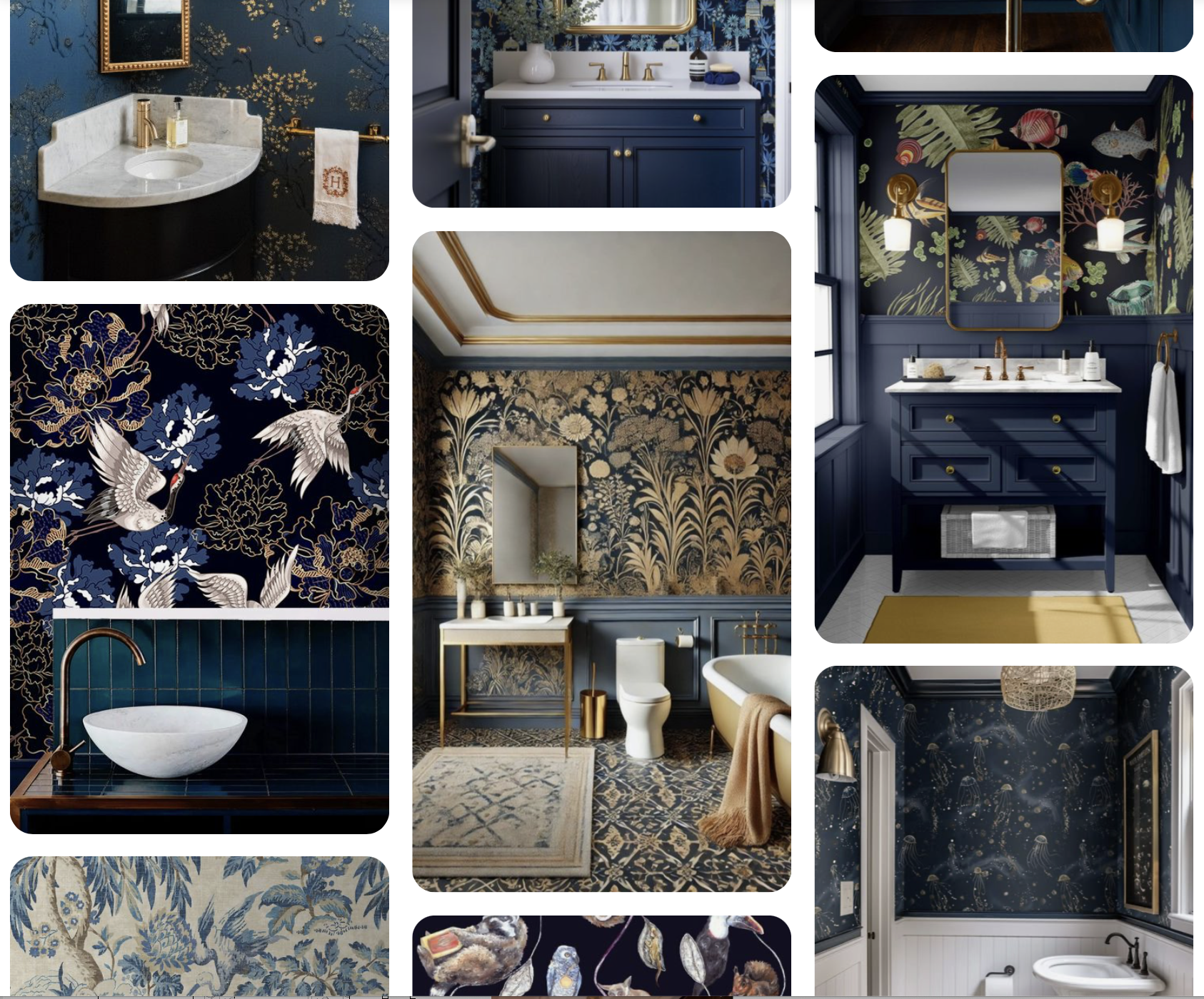 Bathroom inspiration collage with navy-and-gold wallpaper, patterned tile floors, and dramatic powder room ideas.