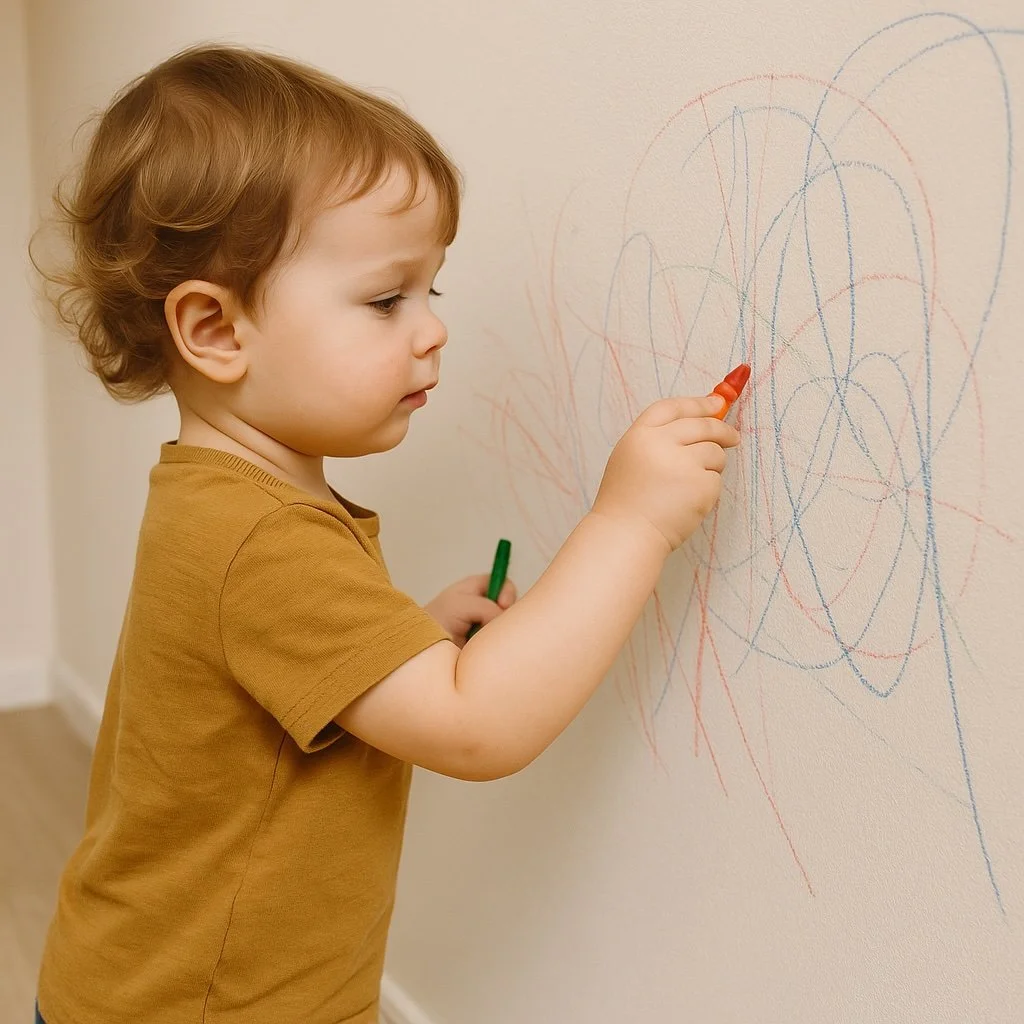 Toddler drawing on a wall with crayons in a bright, neutral home interior.