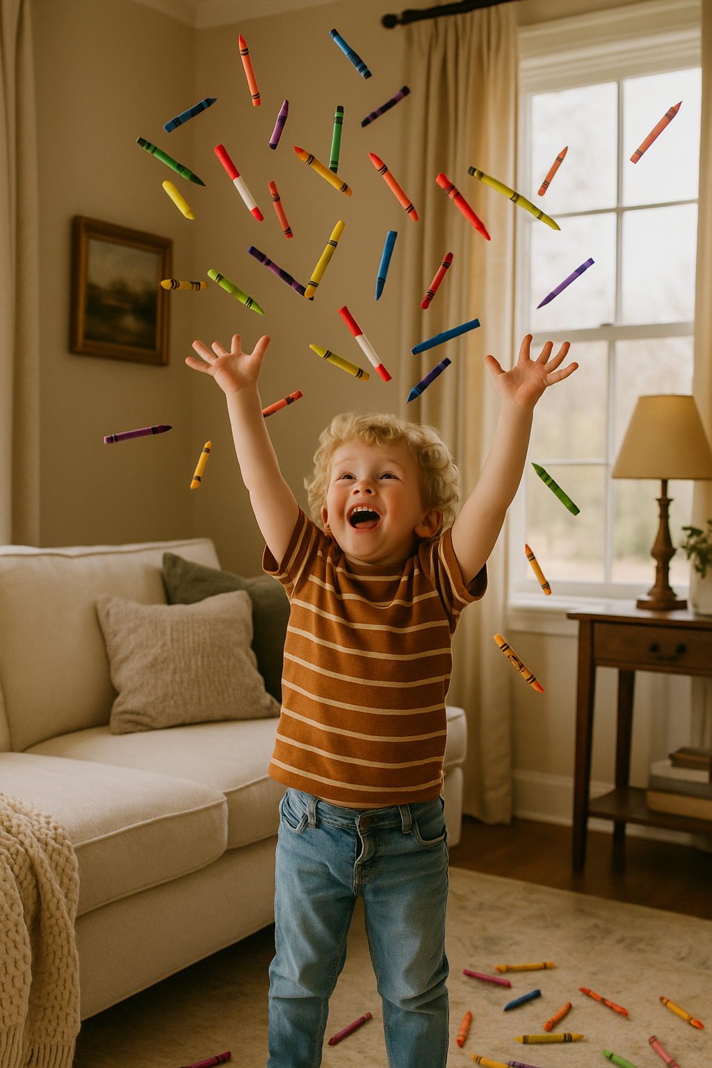 Child tossing crayons in a living room with neutral furniture and warm, natural light.