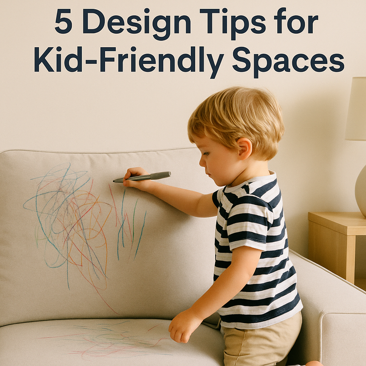 Child drawing on a light-colored sofa in a bright living room, representing kid-friendly space planning.
