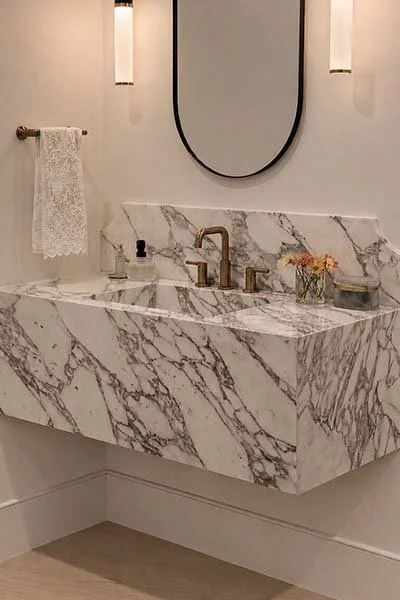 Custom marble vanity with brass faucet and oval mirror in a Paradise Valley bathroom