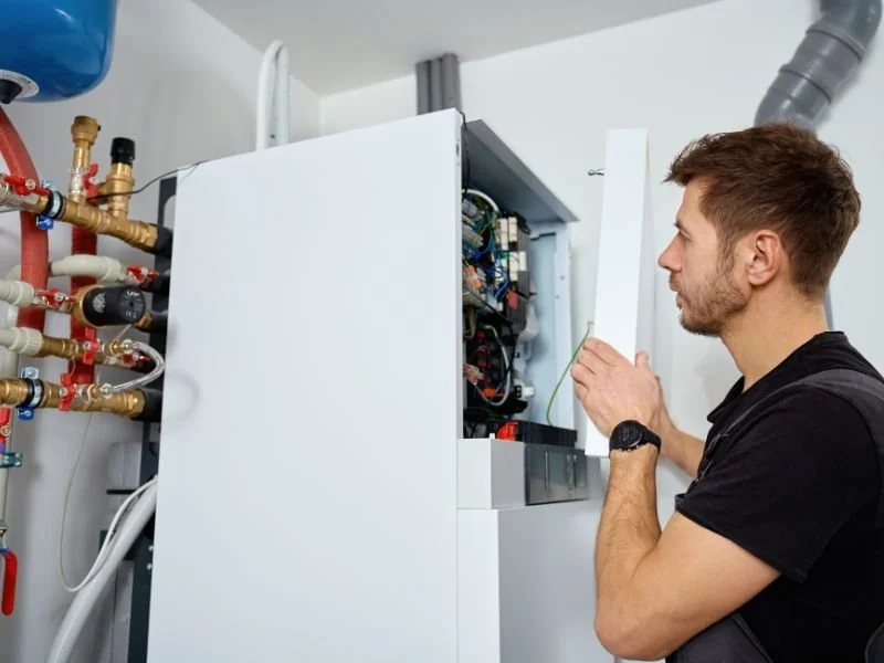 gas engineering installing a new gas boiler into a house in South Wales