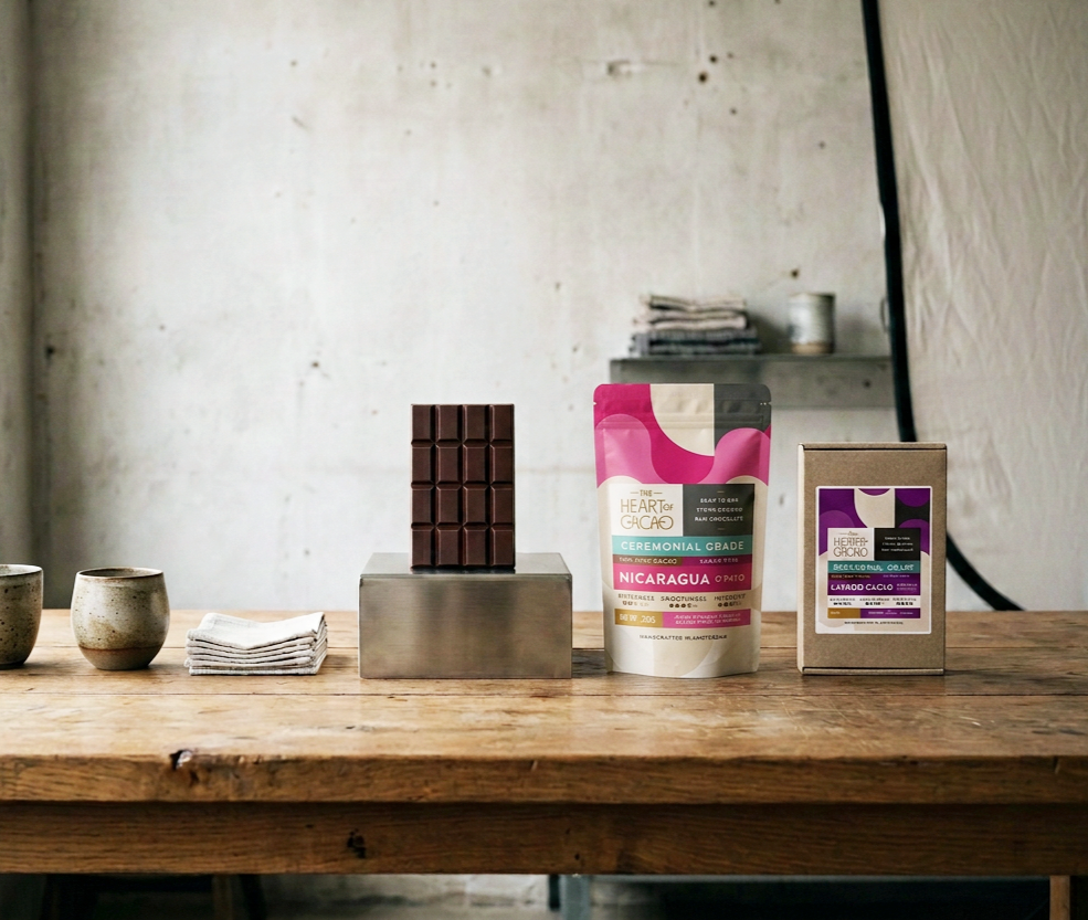 The heart of cacao Amsterdam Ceremonial raw cacao granules, Ceremonial raw cacao tablets