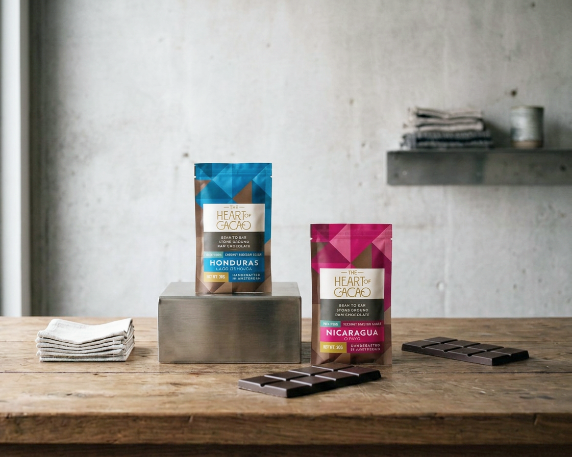 The heart of cacao Amsterdam Ceremonial raw cacao granules, and 70% raw chocolate