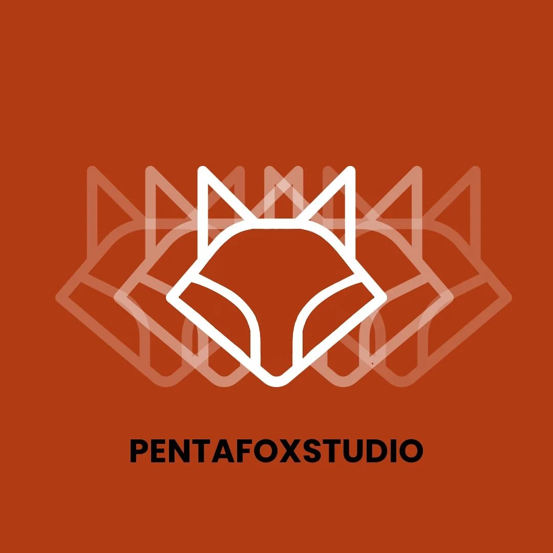 A large orange logo with a white fox outline and shadows of it