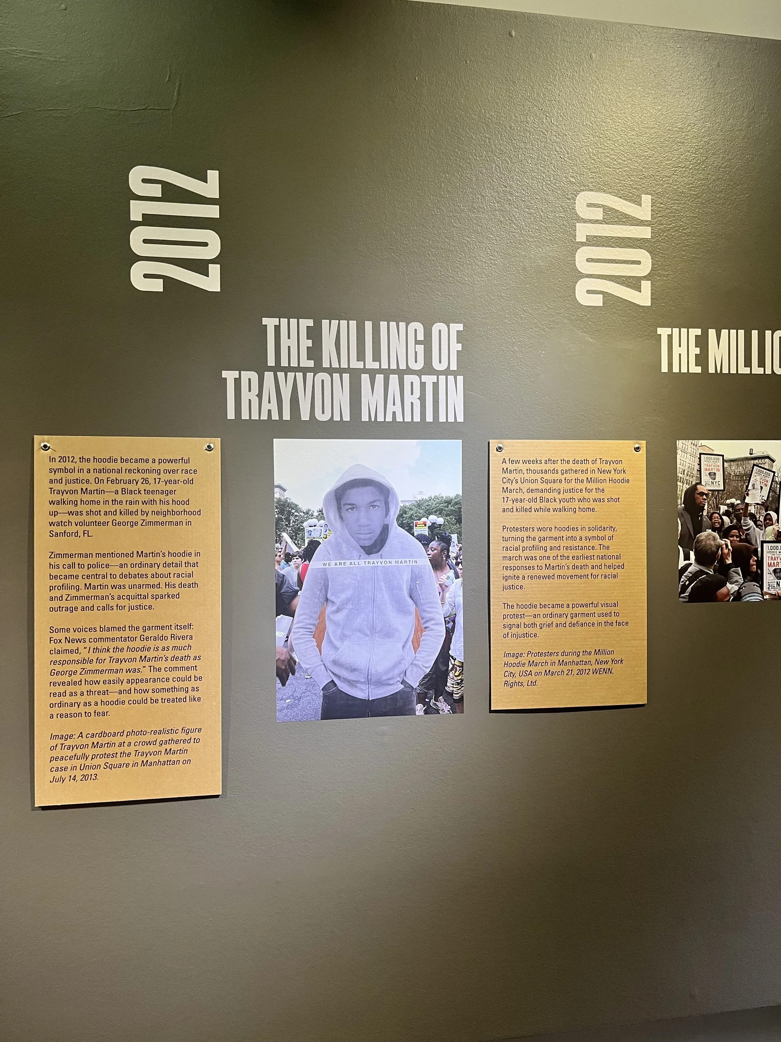 Wall exhibit describing the hoodie's role in the murder of Trayvon Martin in 2012.