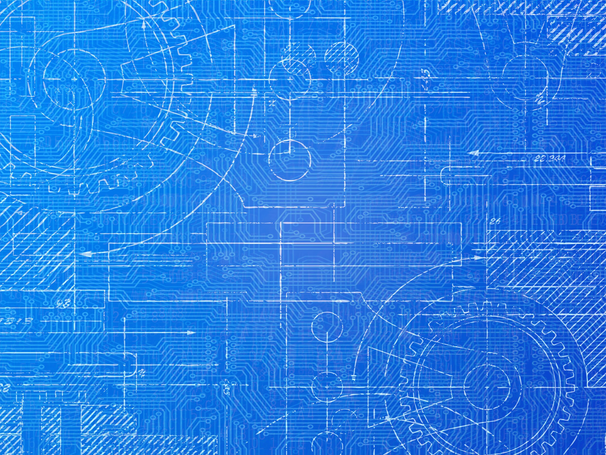 Blue digital circuit board background with interconnected lines, circles, and electronic symbols.