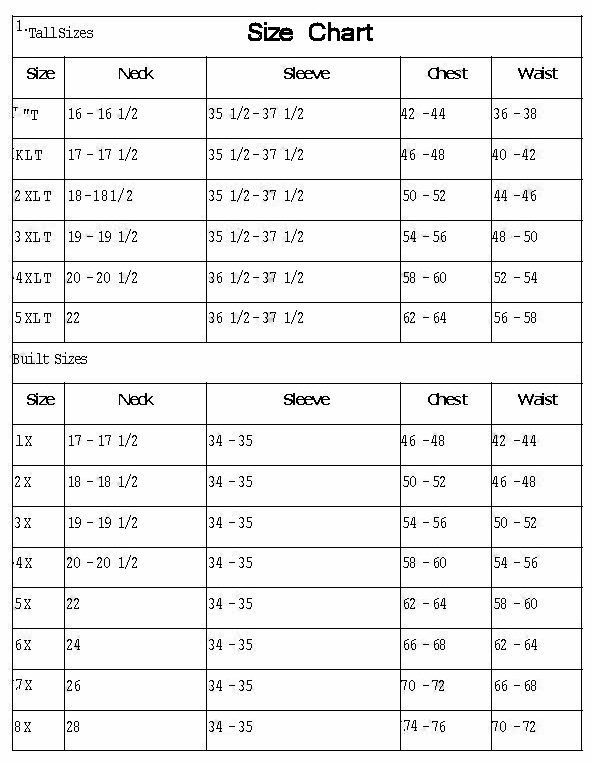 A detailed size chart for clothing, showing measurements for different sizes of T-shirts and built sizes, including neck, sleeve, chest, and waist measurements.