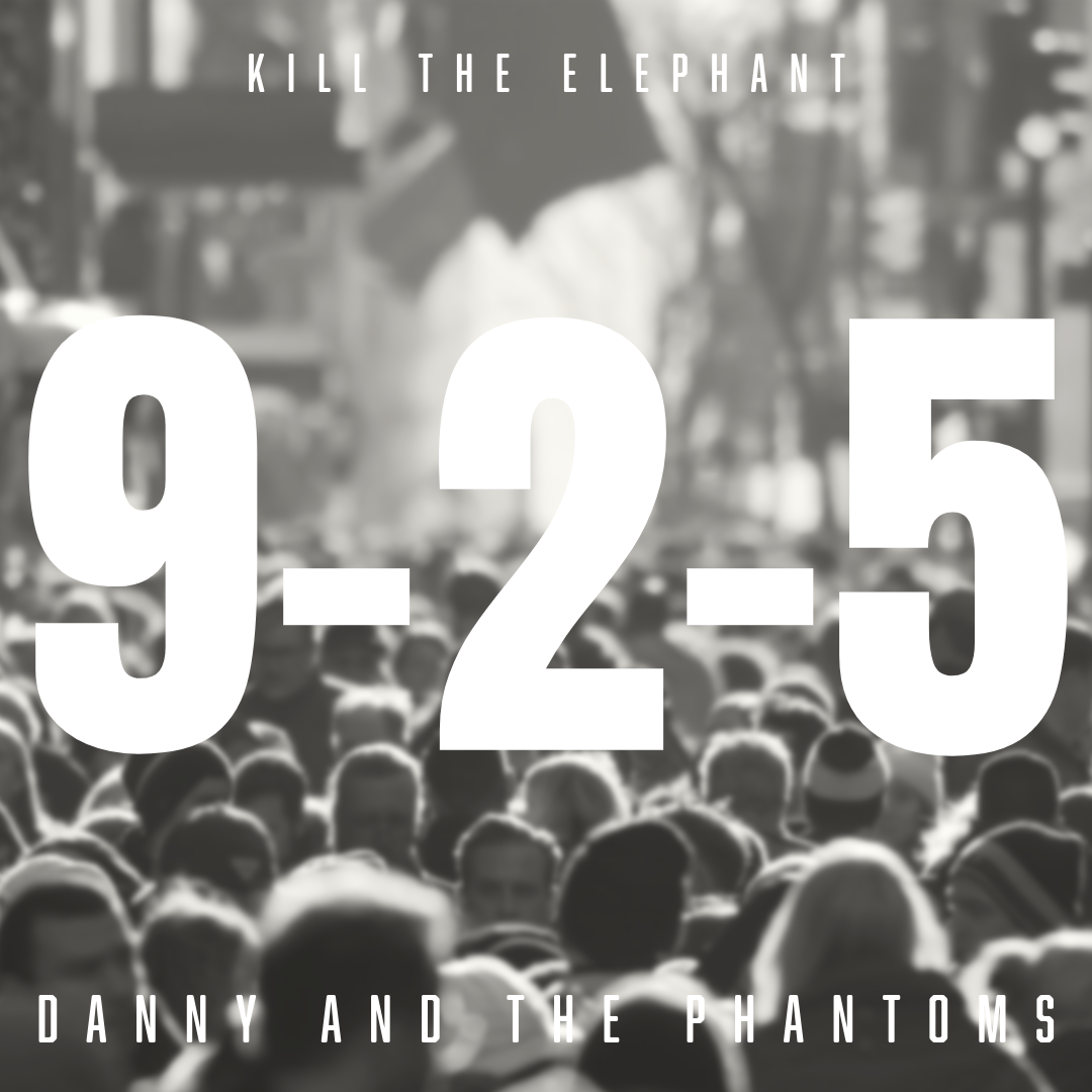 A black and white photo of a crowded street with the Broadway musical "KILL THE ELEPHANT" overlaid at the top. Large text in the center displays the dates 9-2 to 9-5, with "DANNY AND THE PHANTOMS" at the bottom.
