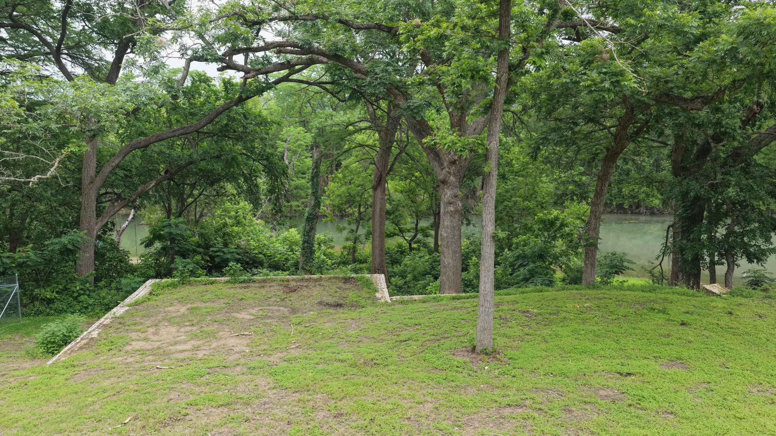 A grassy area with a mound and a tree, overlooking a dense forest and a body of water in the background.